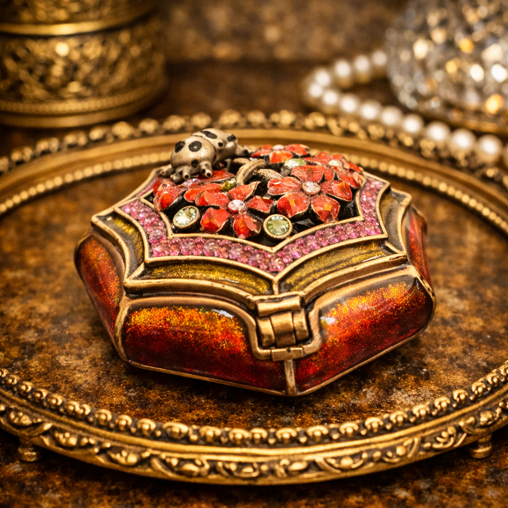 Gold Tone Ladybug Enameled Trinket Box | Rhinestone Accent UV Reactive Decorative Box