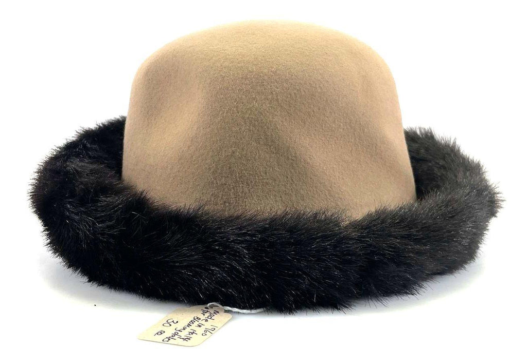 Women's Vintage Bloomingdale's Tan Hat with Faux Fur Trim, Made in Italy