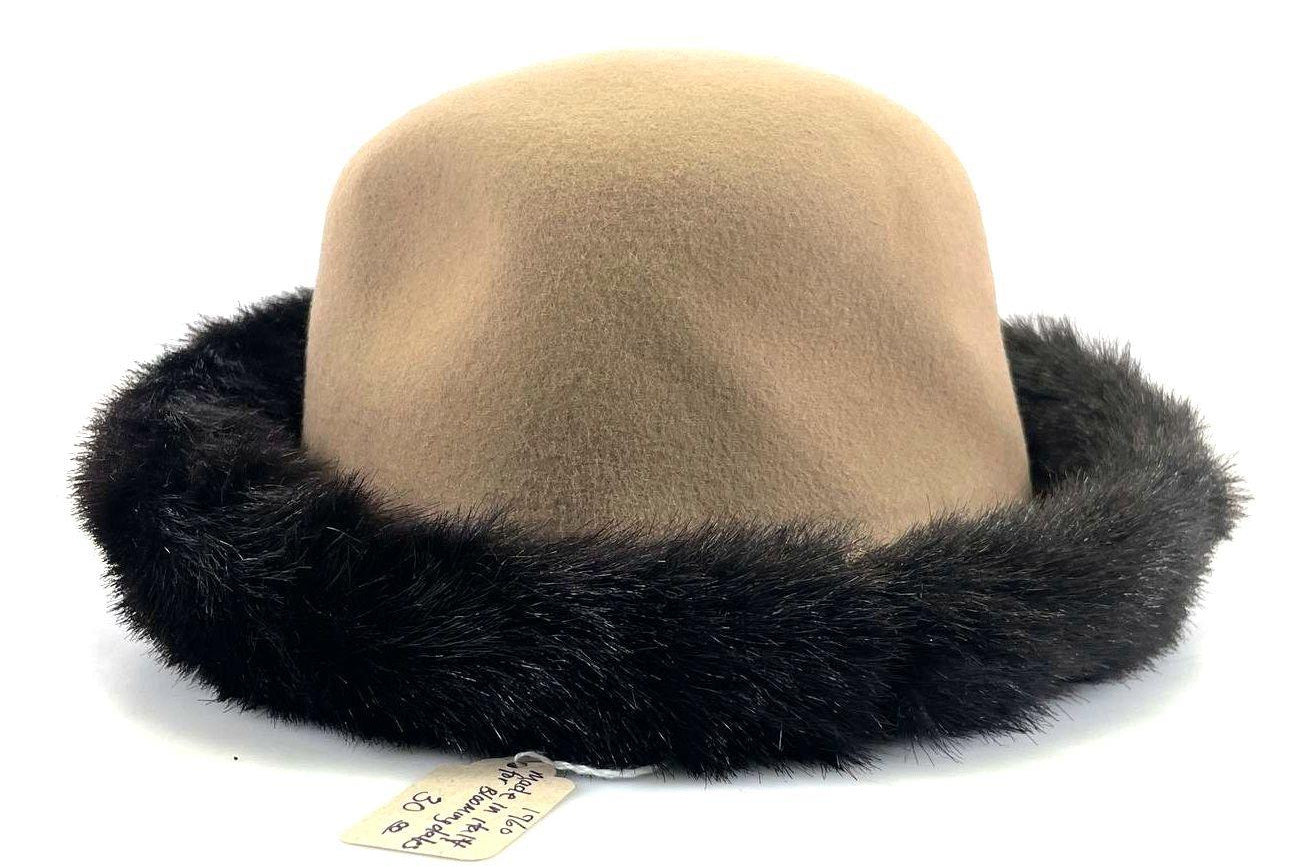 Women's Vintage Bloomingdale's Tan Hat with Faux Fur Trim, Made in Italy