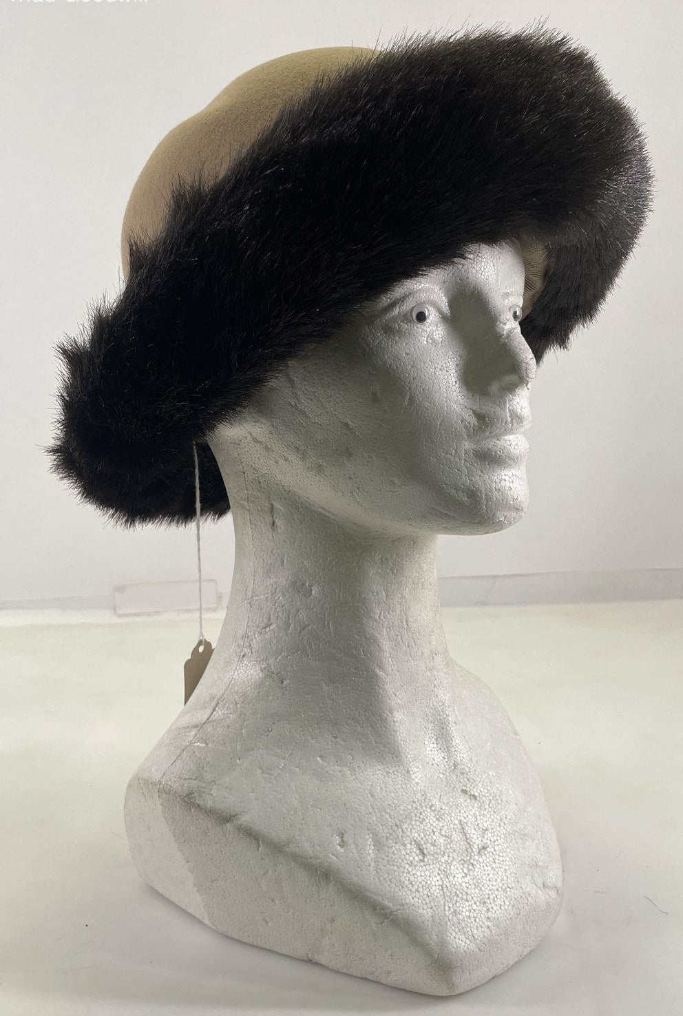 Women's Vintage Bloomingdale's Tan Hat with Faux Fur Trim, Made in Italy