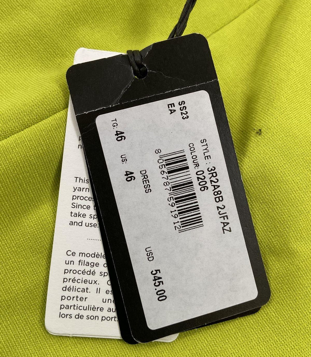 Emporio Armani Long Sleeve Chartreuse Dress with Tags Size 46 with COA