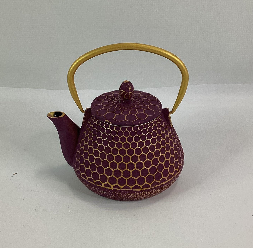 Gracious Home Kitchen Purple Gold Honeycomb Cast Iron Mini Teapot with Infuser
