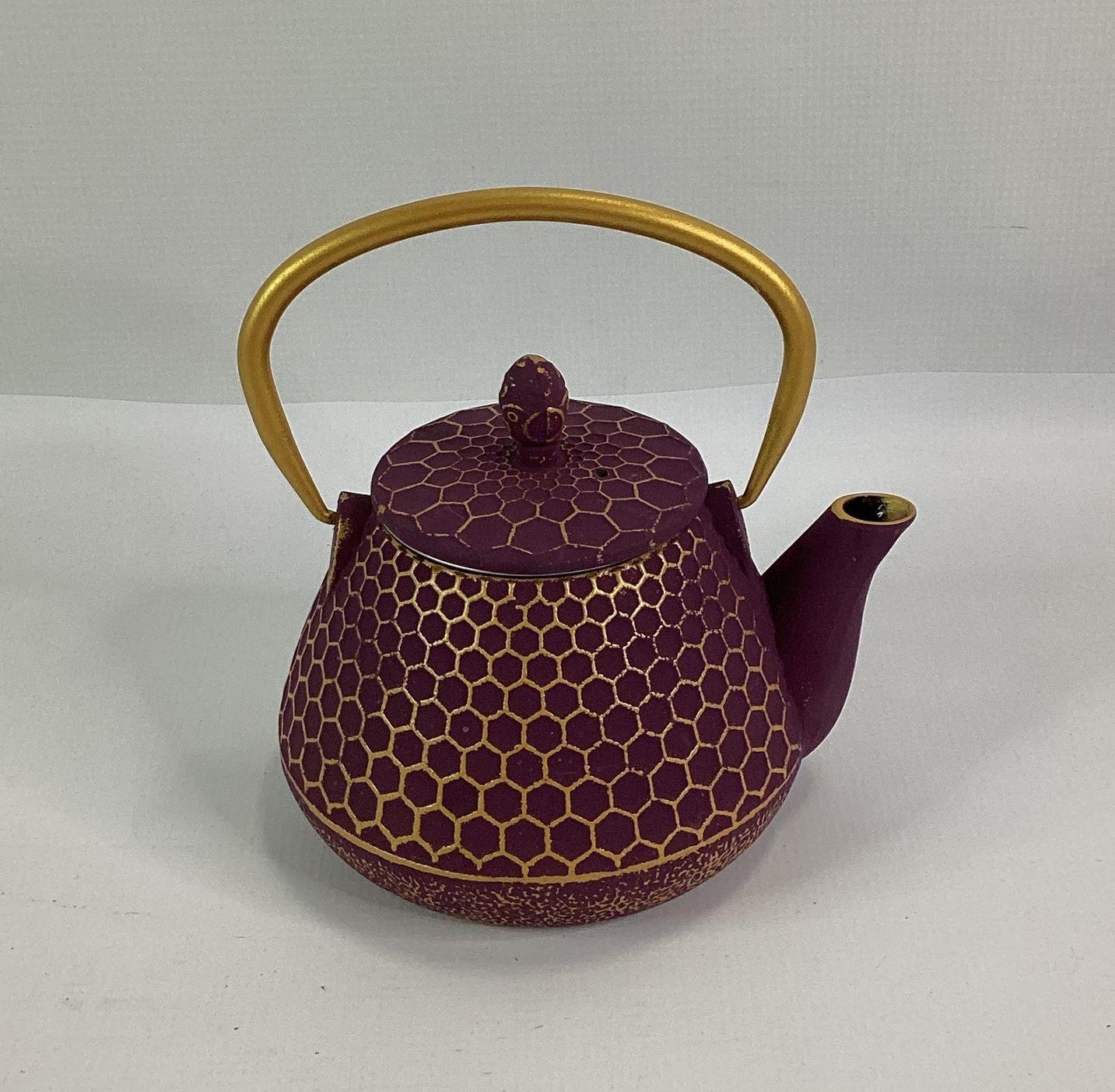 Gracious Home Kitchen Purple Gold Honeycomb Cast Iron Mini Teapot with Infuser