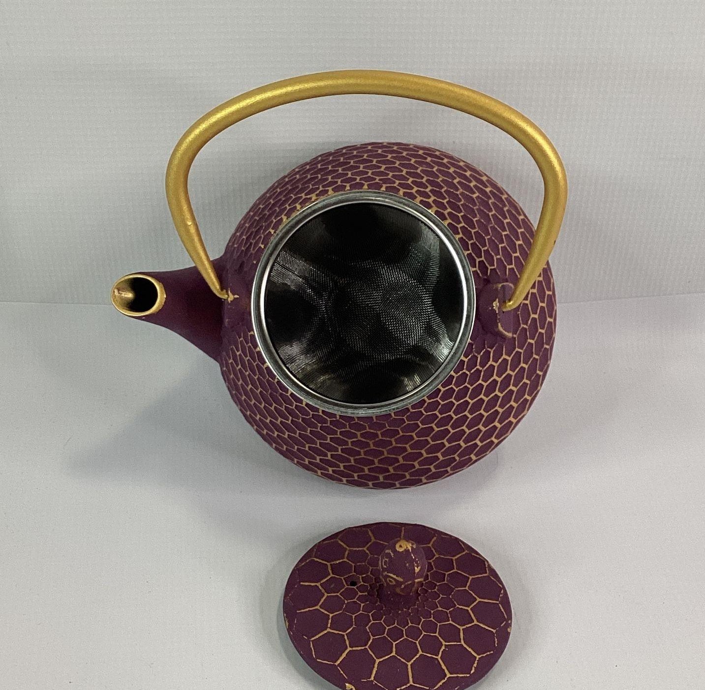 Gracious Home Kitchen Purple Gold Honeycomb Cast Iron Mini Teapot with Infuser