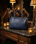 Brooks Brothers Blue Barrel Satchel Handbag Ostrich Texture Finish Top Zip