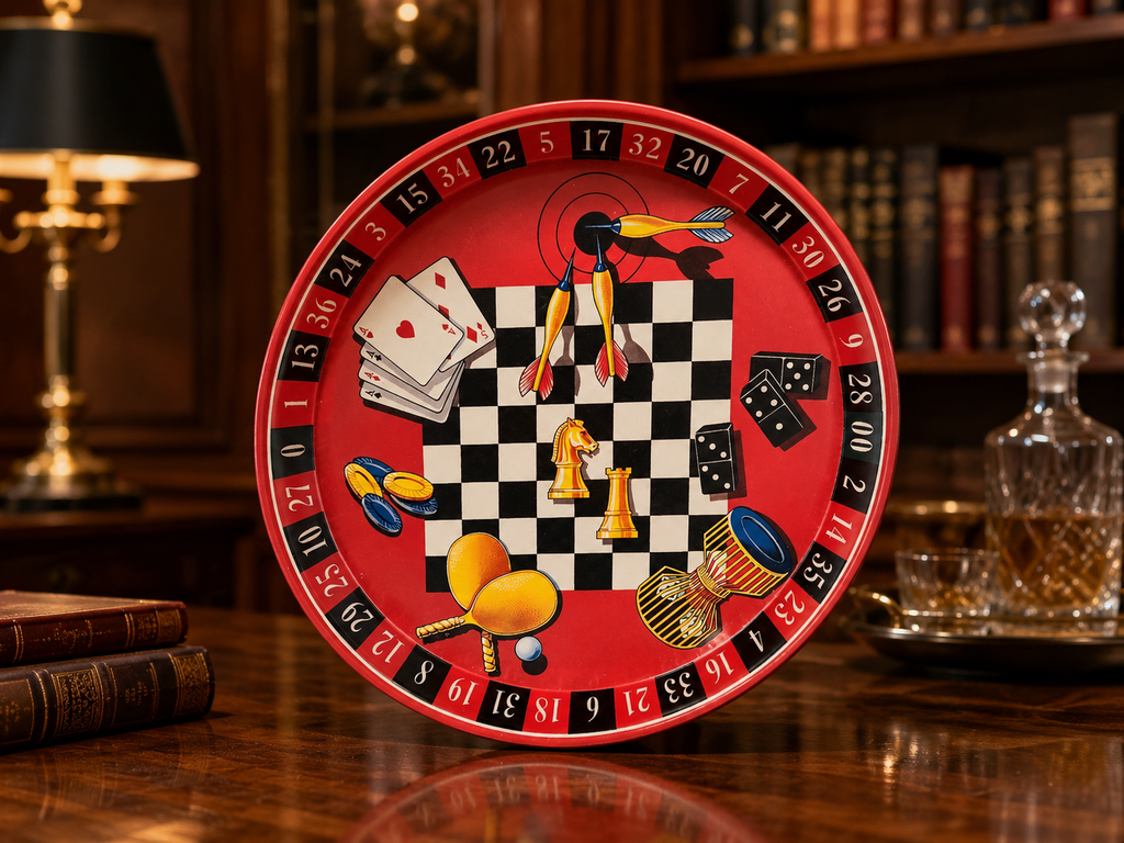 Vintage Roulette Wheel Casino-Themed Metal Serving Tray | Game Night Barware Tray