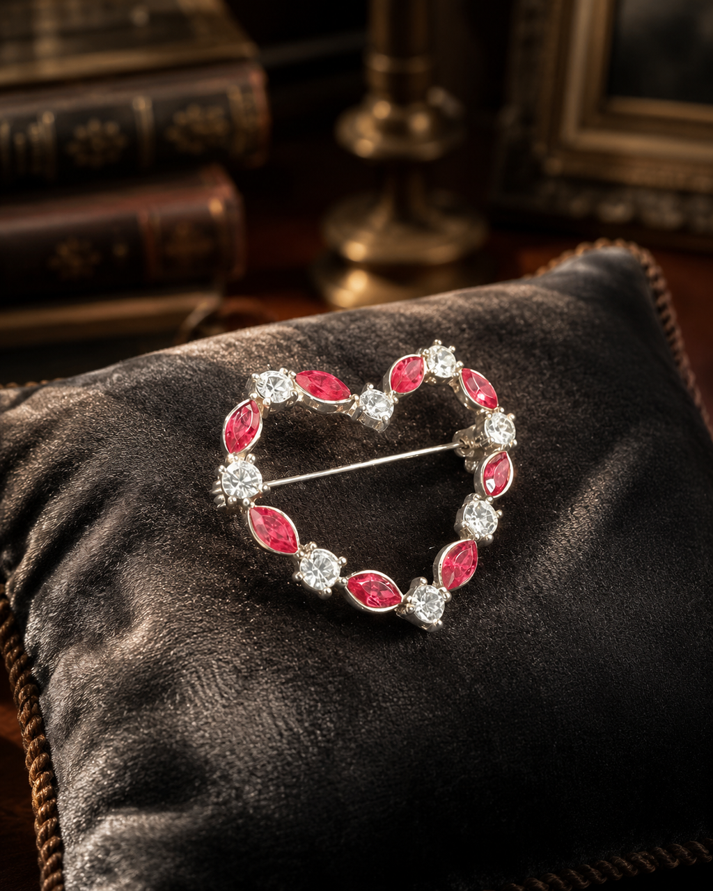 Vintage Silver Tone Pink Crystal Heart Brooch with Rhinestone Accents