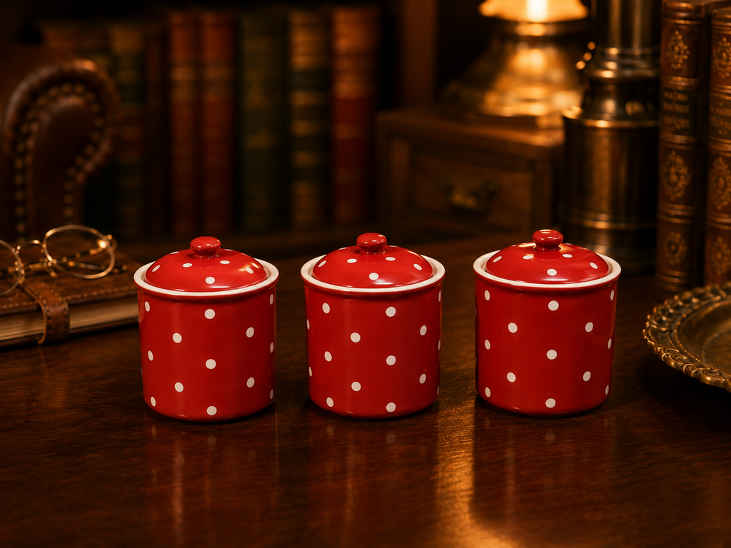 Set of 3 Spode Baking Days Red Polka Dot Ceramic Canisters with Lids
