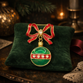 Christmas Ornament Brooch with Red Enamel Bow and Green Ornament