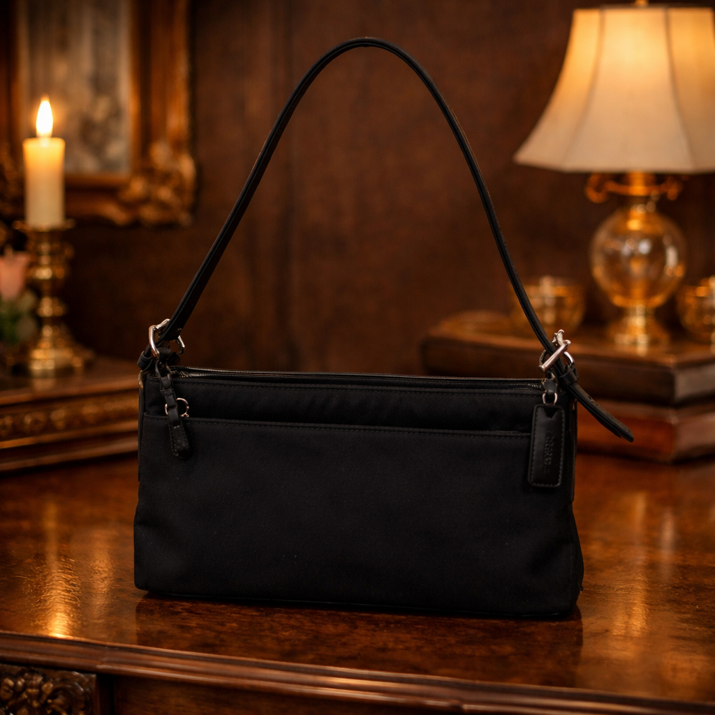 Coach Black Nylon Baguette Shoulder Bag | Authentic Minimalist Crossbody Clutch with Silver Hardware