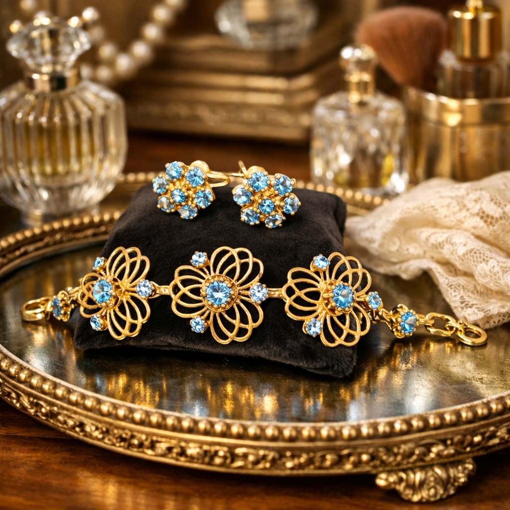Vintage BSK Gold Tone Blue Rhinestone Bracelet and Clip Earrings Set with Floral Filigree Links, Mid Century Glam, Curated Estate Style