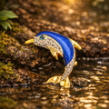 Gold Tone Blue Enamel Dolphin Brooch With Clear Rhinestone Accents