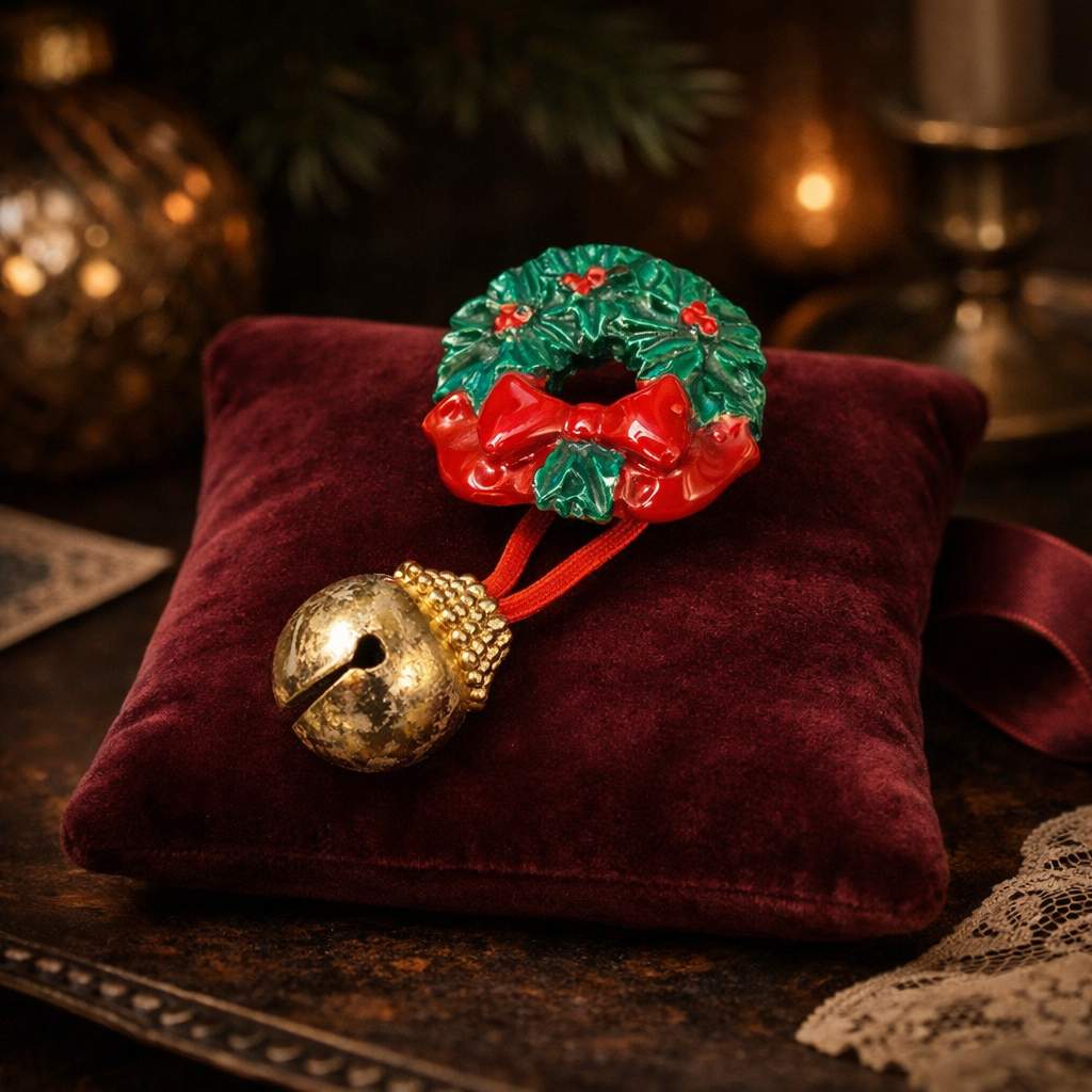 Vintage Christmas Wreath Brooch with Hanging Bell Charm