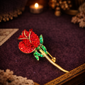 Monet Gold Tone Red Enamel Rose Brooch Green Rhinestone Leaves Floral Pin Signed