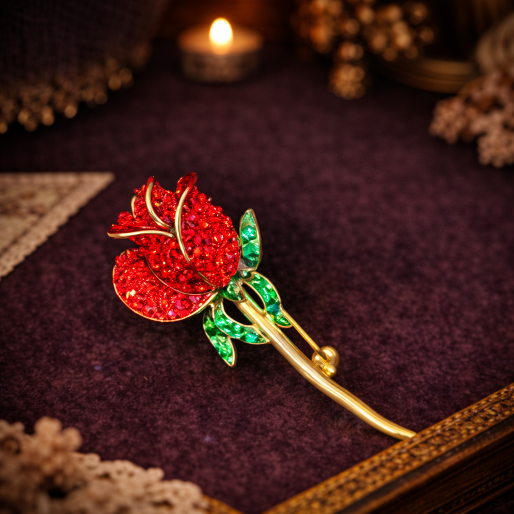 Monet Gold Tone Red Enamel Rose Brooch Green Rhinestone Leaves Floral Pin Signed