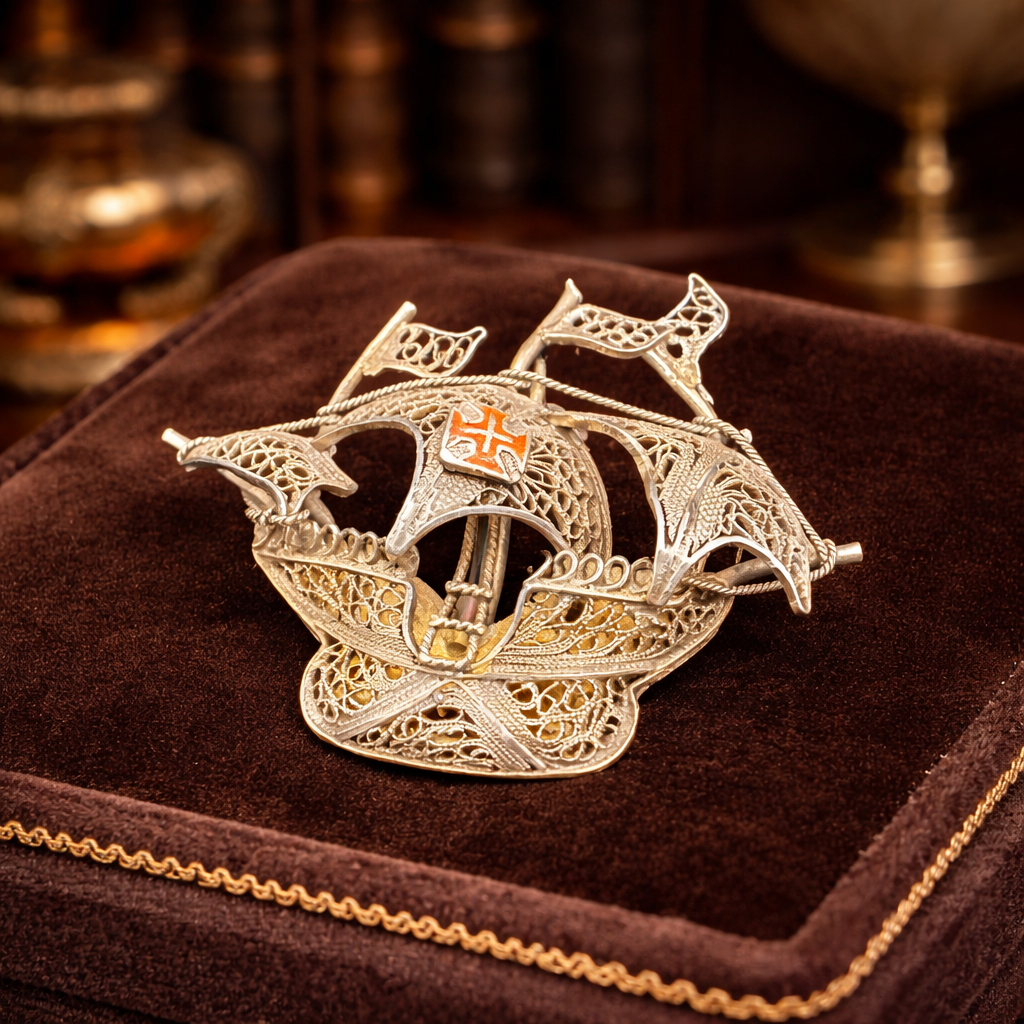 Vintage Antique Style Filigree Sailing Ship Brooch Silver Tone Nautical Galleon Maritime Pin