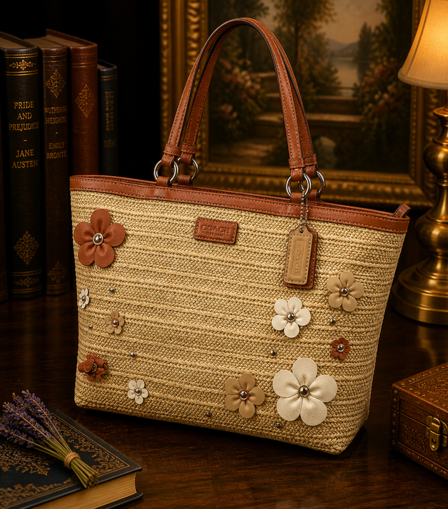 Coach Straw Floral Tote Bag with Coral Leather Trim and Appliqué Flowers