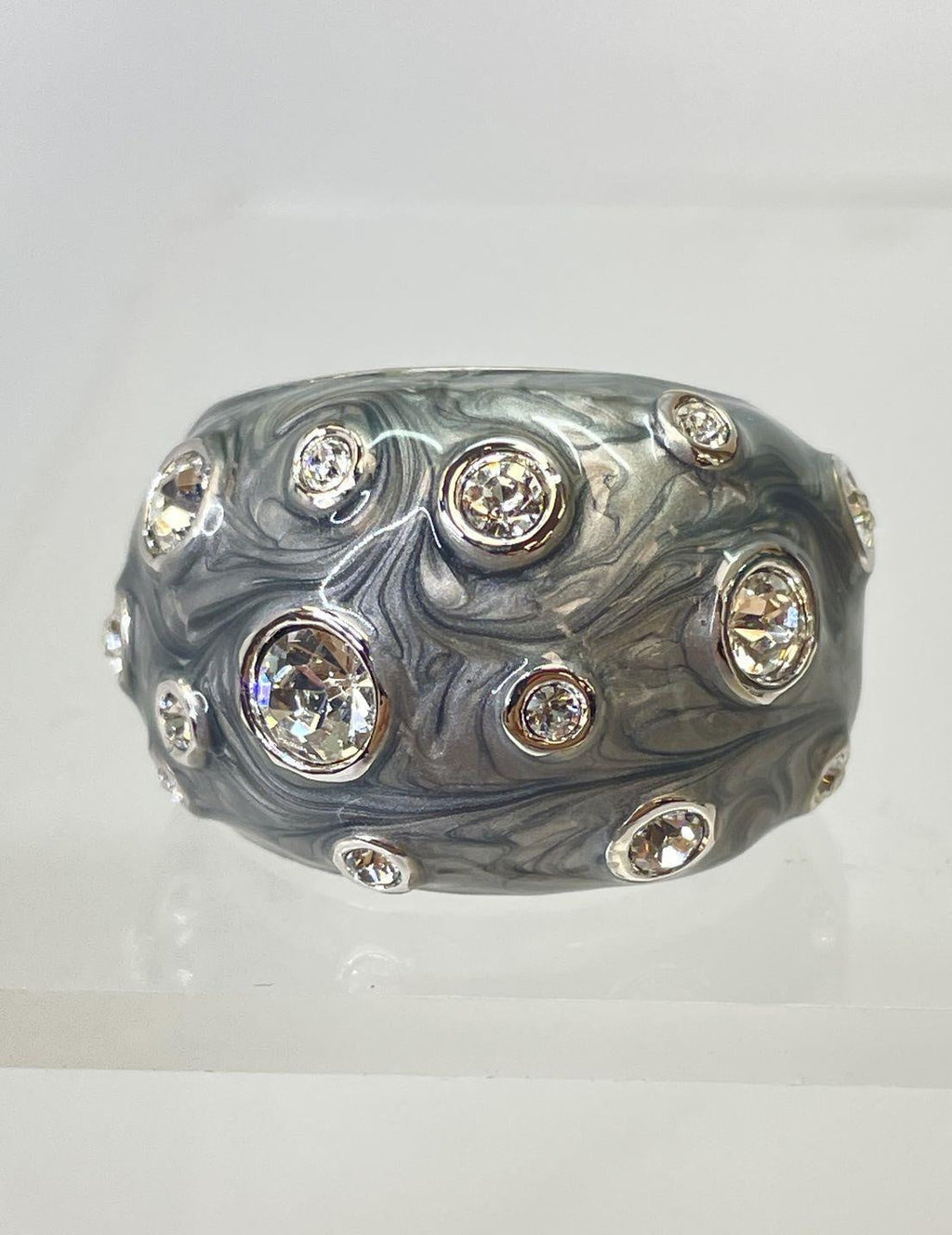 Lia Sophia Silver Tone Grey Enamel Rhinestone Dome Ring 13.9g