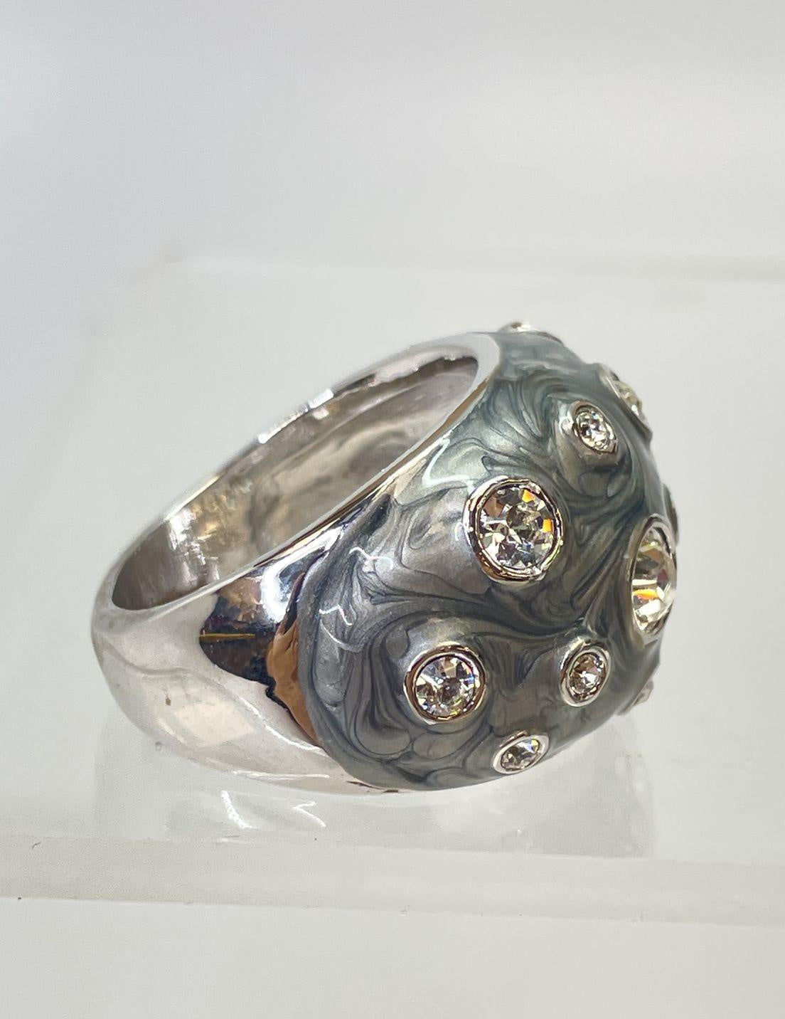 Lia Sophia Silver Tone Grey Enamel Rhinestone Dome Ring 13.9g