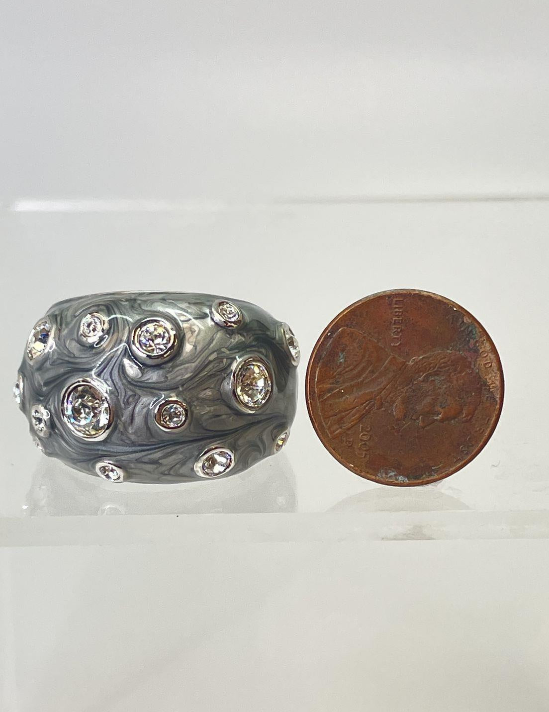 Lia Sophia Silver Tone Grey Enamel Rhinestone Dome Ring 13.9g
