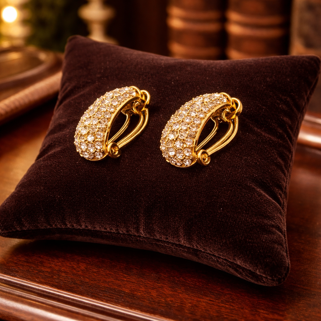 Heidi Daus Crystal Pavé Clip-On Earrings Gold Tone Half Hoop Rhinestone Statement Vintage Style