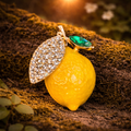 Enamel Lemon Brooch Yellow Lemon with Rhinestone Leaf and Green Crystal Accent, Gold Tone Fruit Pin