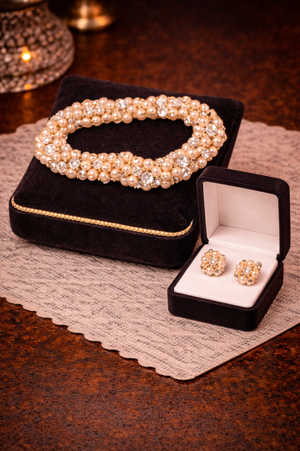 Vintage Faux Pearl and Crystal Necklace with Matching Earrings