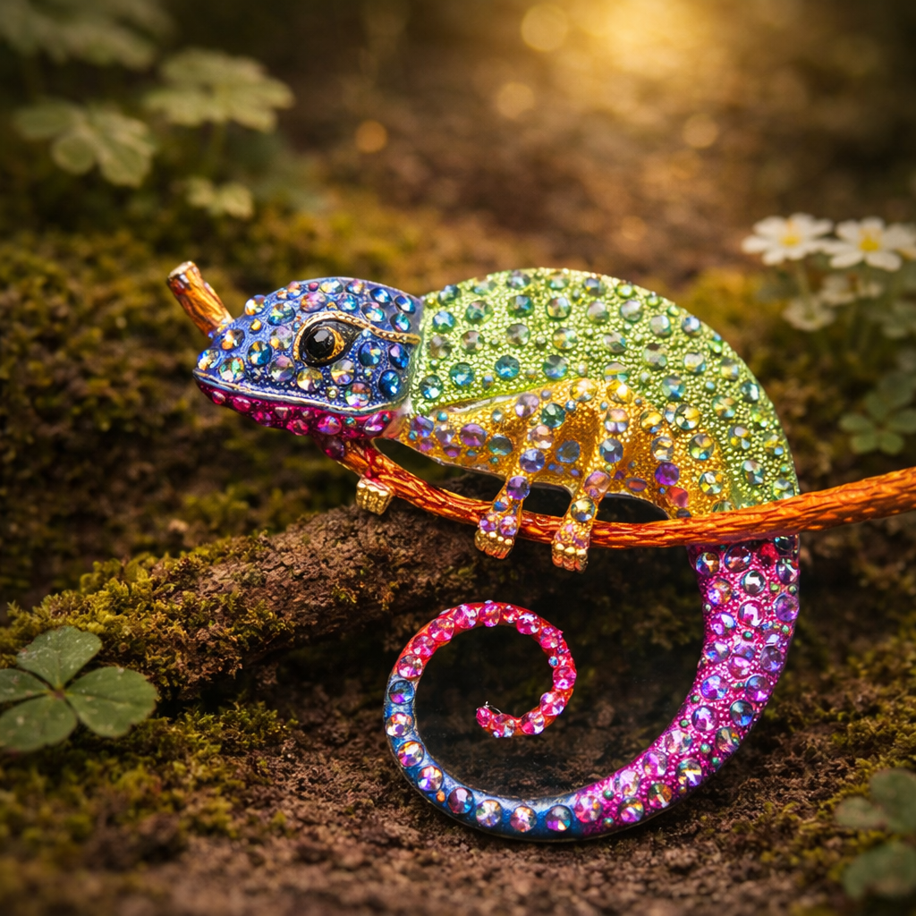 Multicolor Rhinestone Chameleon Brooch with Curled Tail on Branch, Gold Tone Crystal Lizard Statement Pin