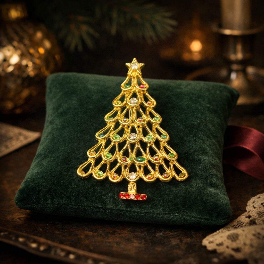 Gold Tone Christmas Tree Brooch with Multicolor Rhinestones and Star