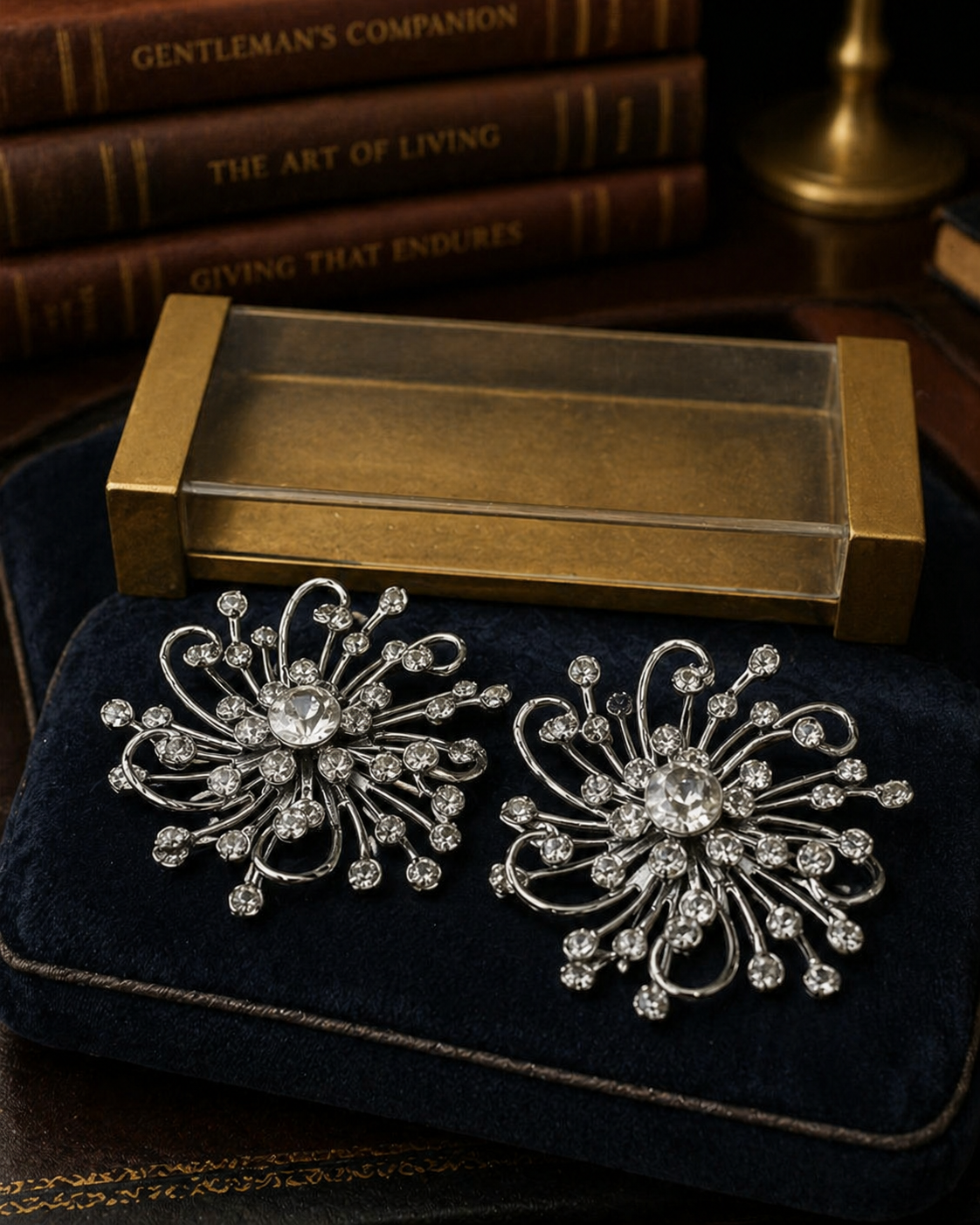 Sarah Coventry Silver Tone Clear Crystal Starburst Earrings with Original Packaging