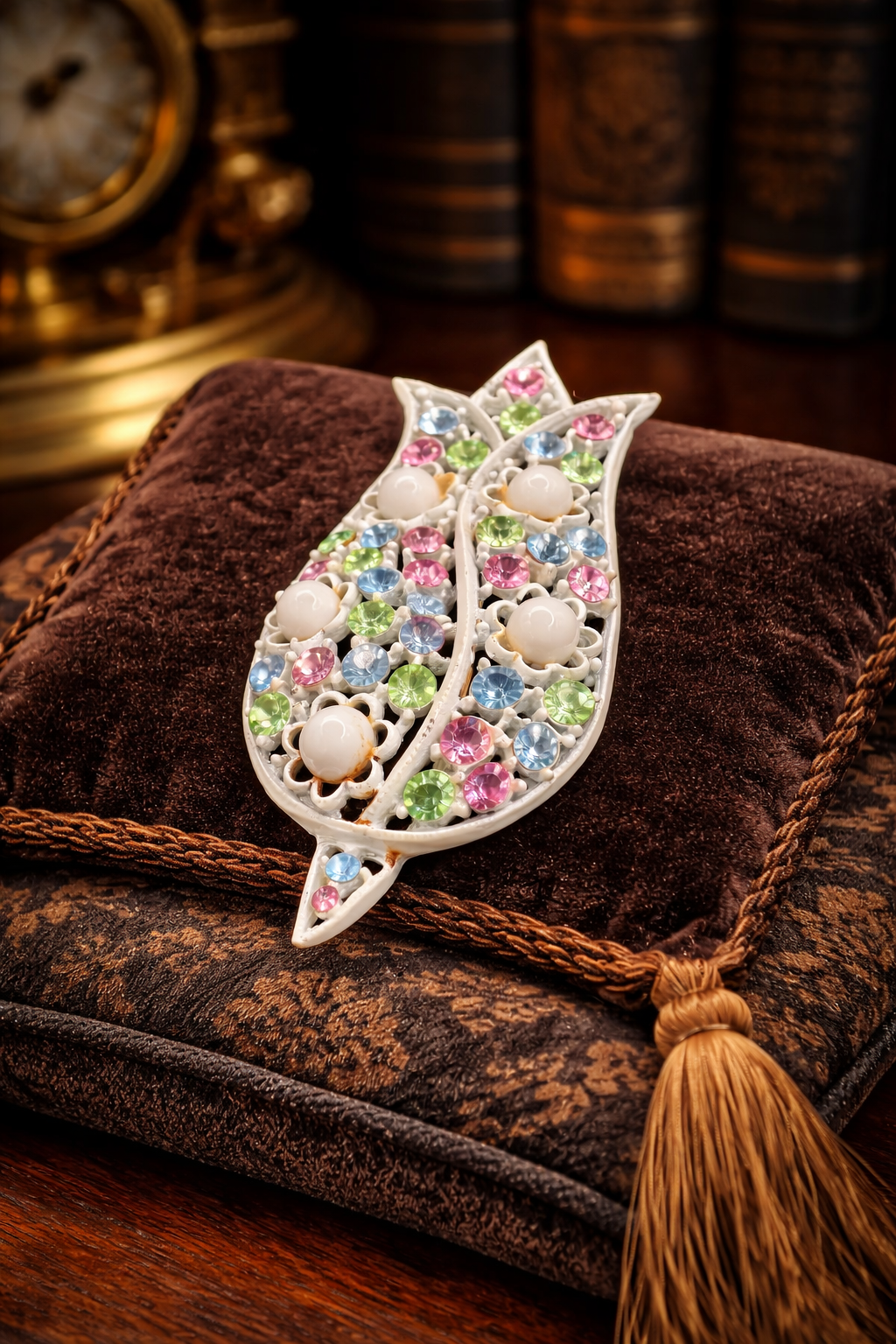 White Enamel Tulip Brooch Pastel Rhinestone Floral Pin