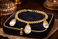 Vintage Germany Gold Tone Faux Pearl Drop Charm Bracelet Designer Statement Jewelry