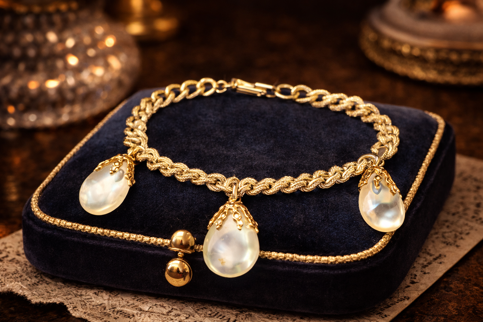 Vintage Germany Gold Tone Faux Pearl Drop Charm Bracelet Designer Statement Jewelry