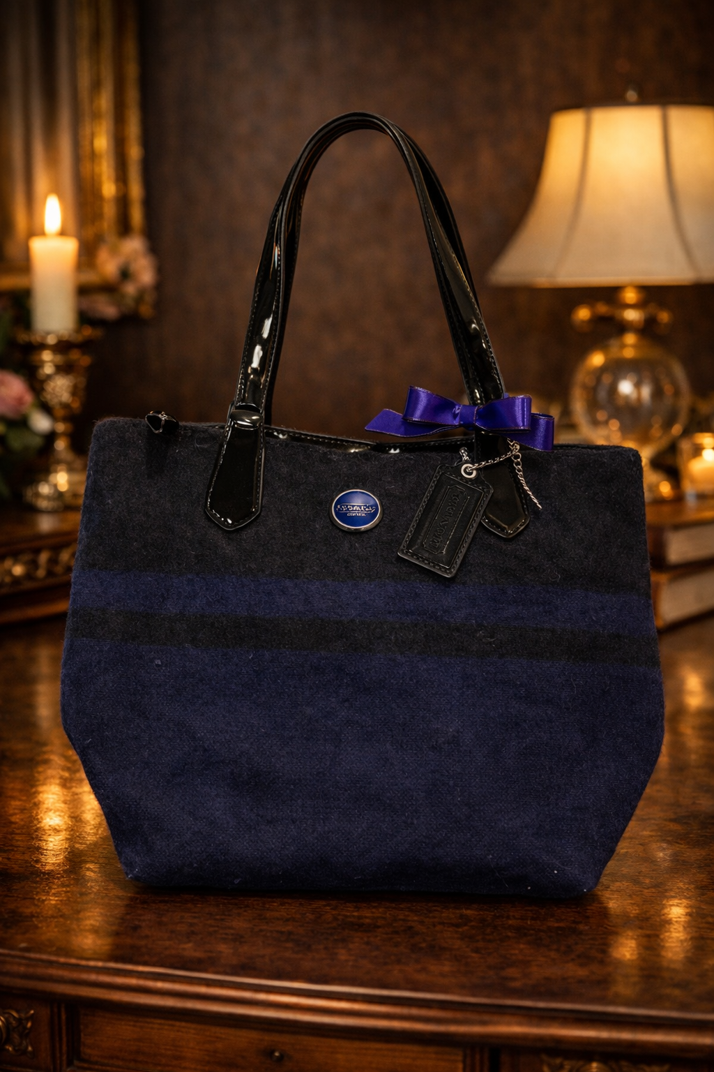 Coach Blue & Black Wool Blend Tote Bag | Patent Leather Handle Shoulder Bag with Signature Charm