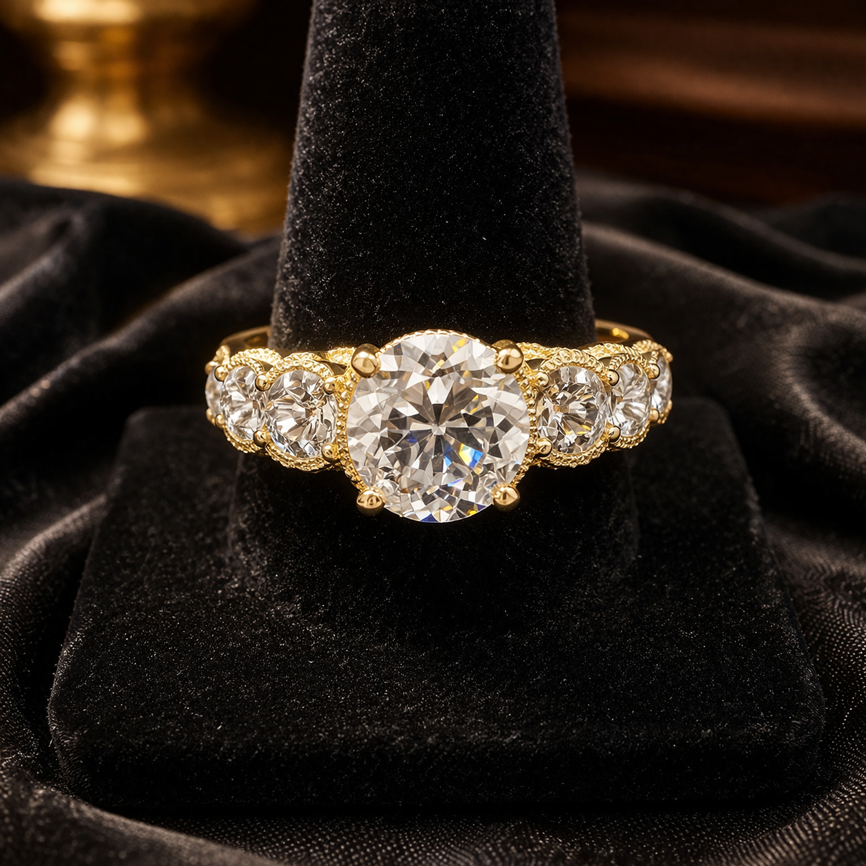Gold Tone Crystal Statement Ring Large Round Center Multi Stone Band Silver Tone Setting Bold Cocktail Ring