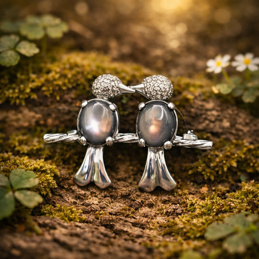 Signed A.S.Z. 925 Sterling Silver Jelly Belly Double Bird Brooch with Lucite Bodies