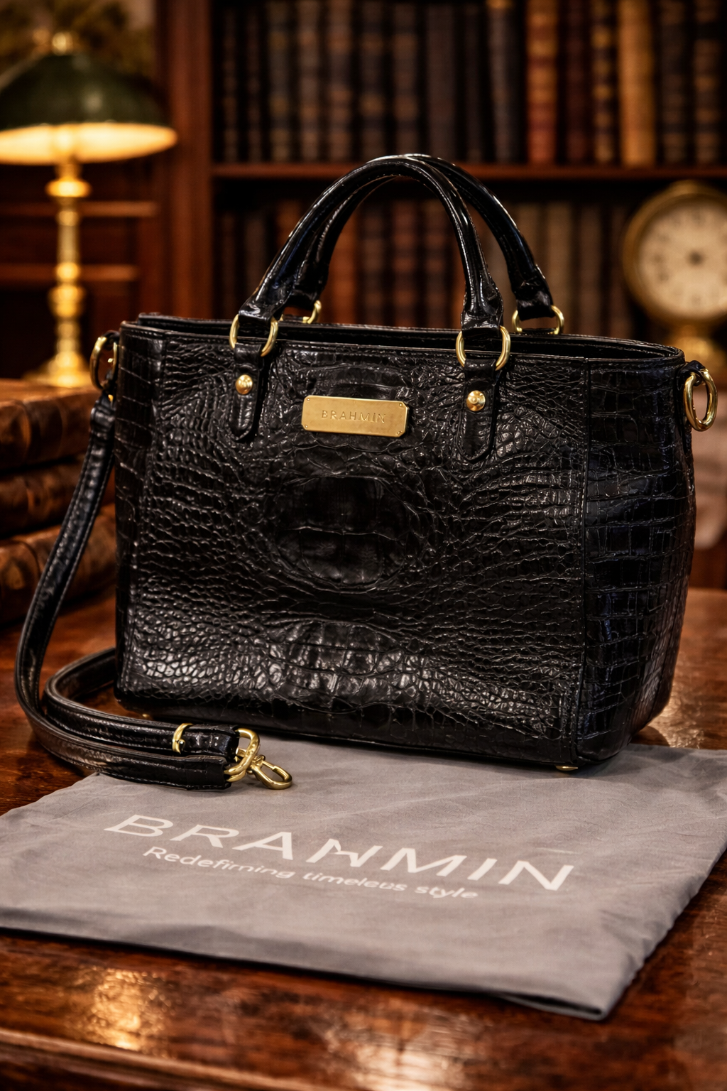 Brahmin Black Croc Embossed Leather Satchel Tote | Convertible Shoulder Bag with Strap & Dust Bag