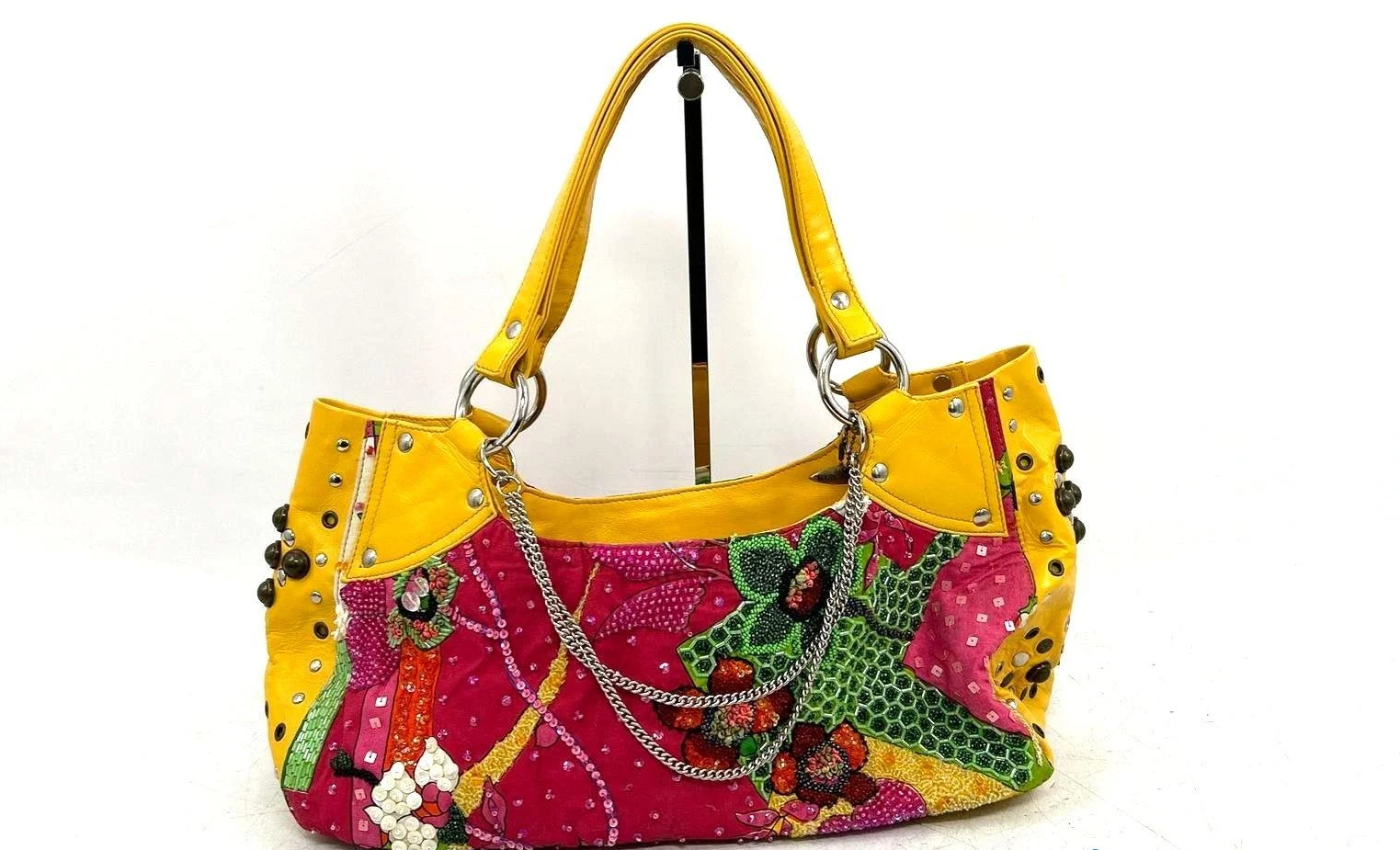 Mary Frances Large Multicolor Beaded Shoulder Bag with Yellow Trim  Description