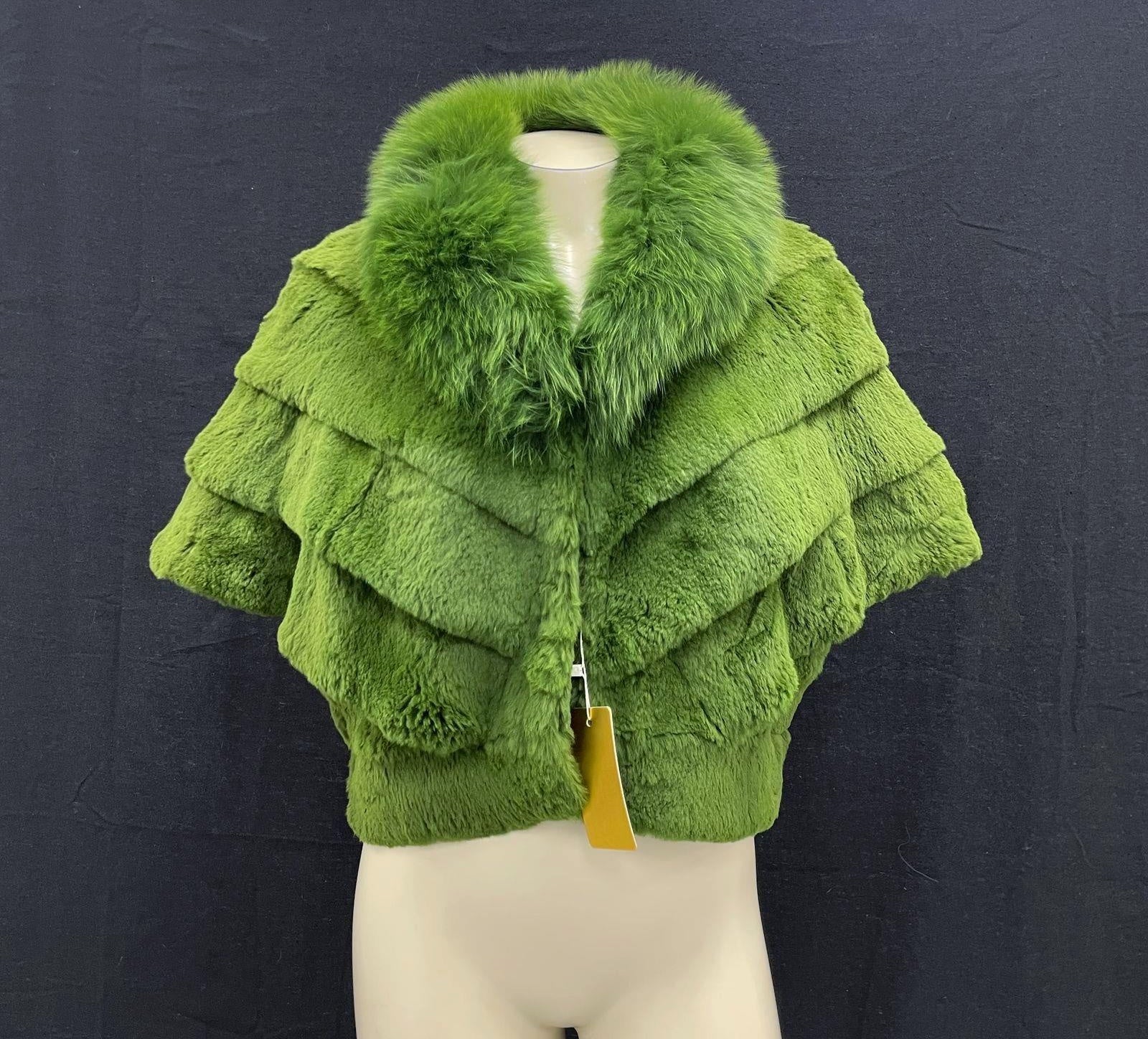 YSLR Green Genuine Rabbit & Fox Fur Collar Semi-Crop Jacket