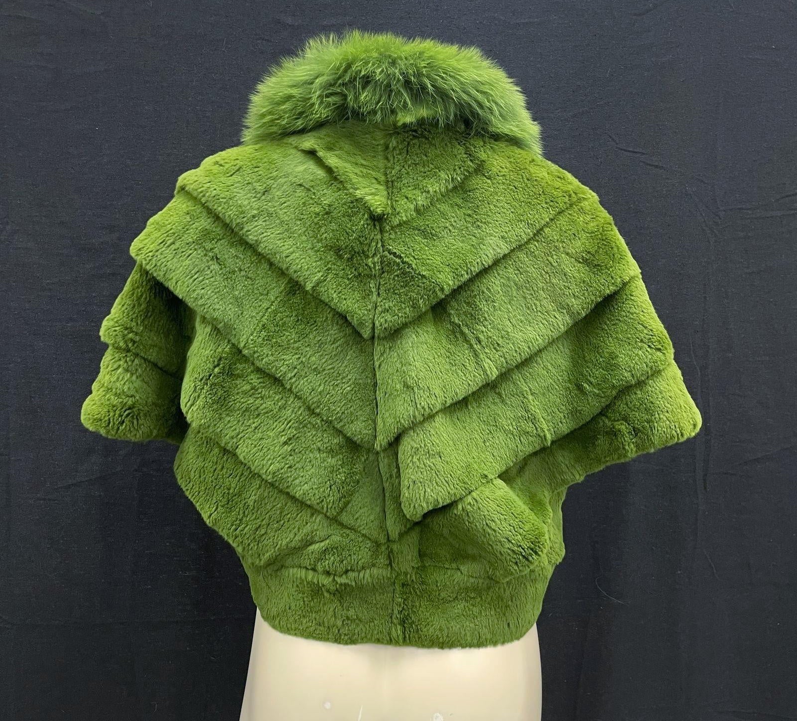 YSLR Green Genuine Rabbit & Fox Fur Collar Semi-Crop Jacket