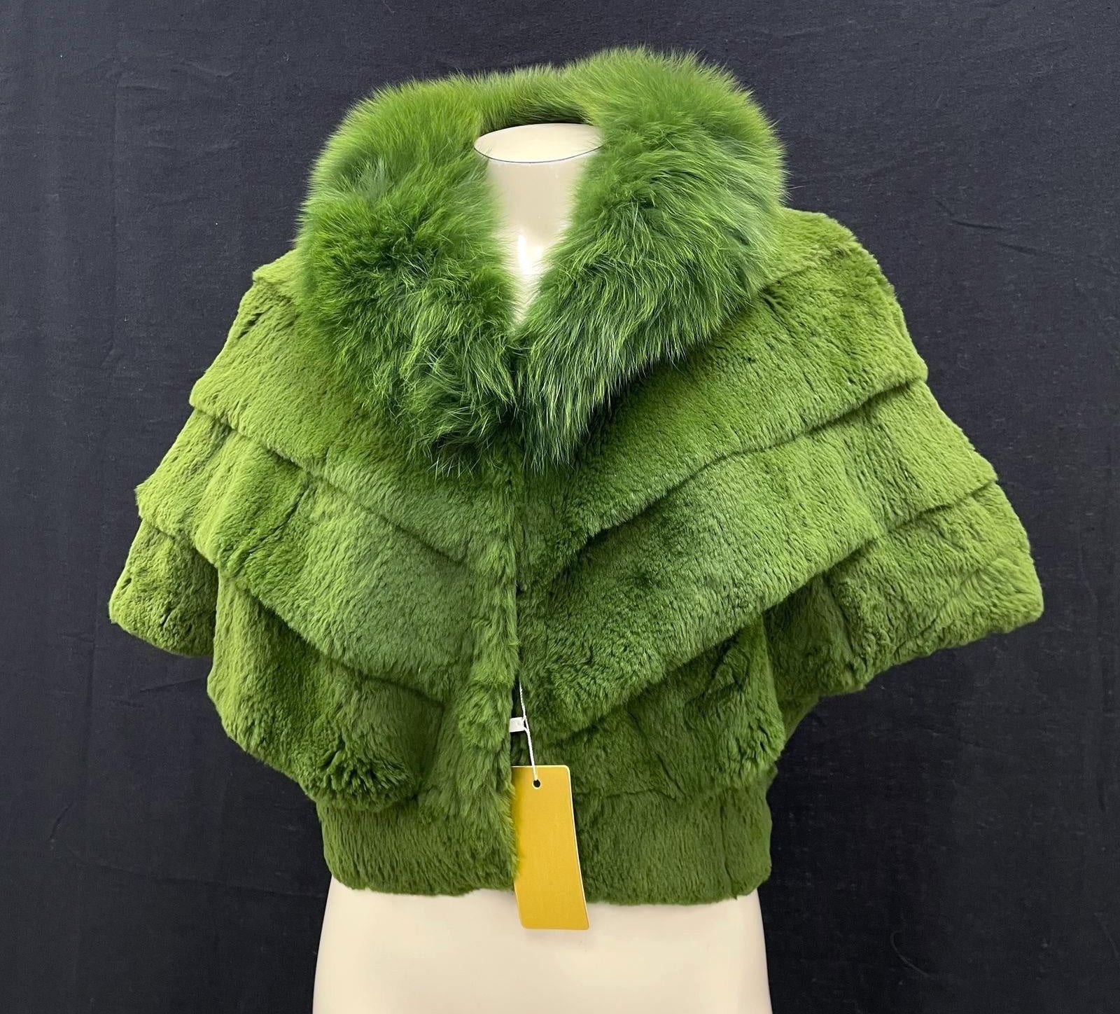 YSLR Green Genuine Rabbit & Fox Fur Collar Semi-Crop Jacket
