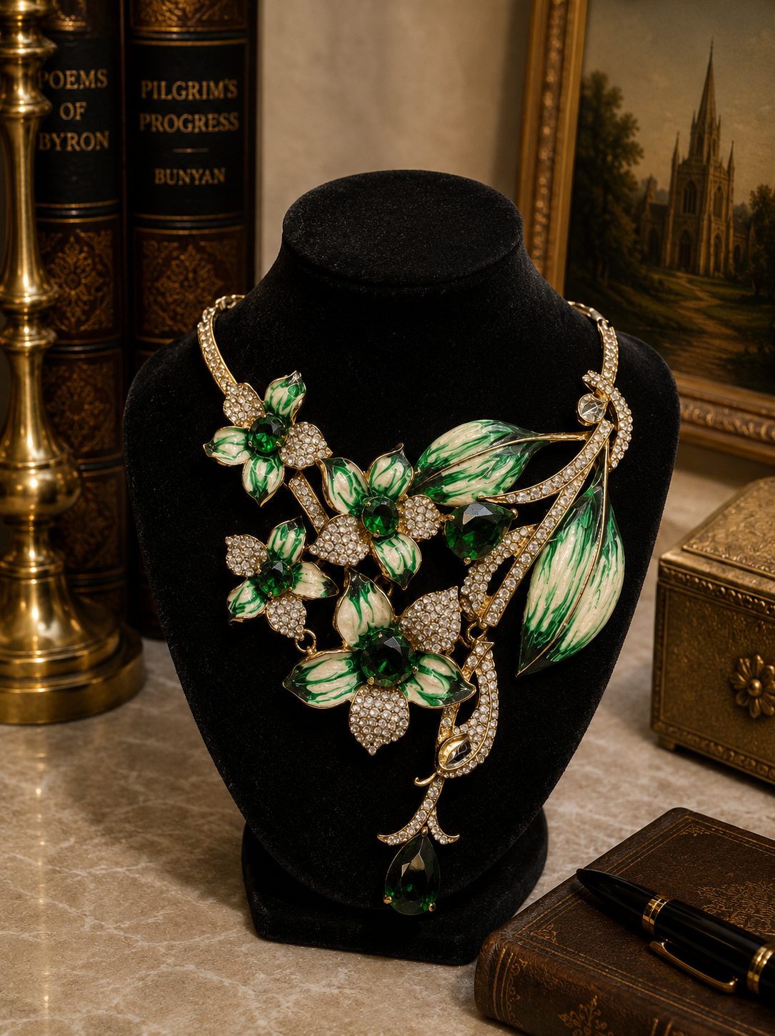Green Enamel Floral Crystal Statement Necklace