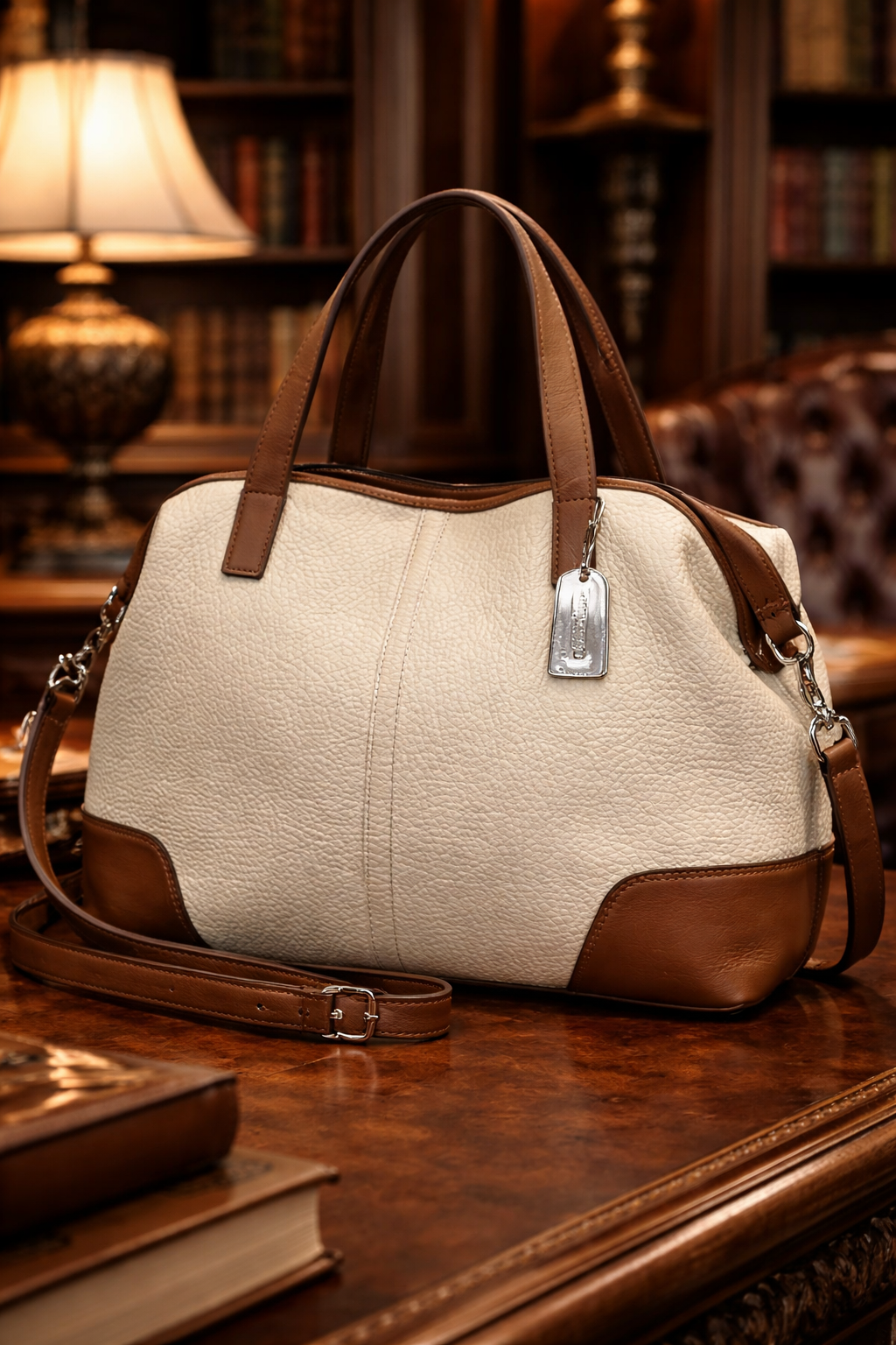 Coach Hadley Cream Pebbled Leather Satchel Crossbody Bag Brown Trim Shoulder Purse