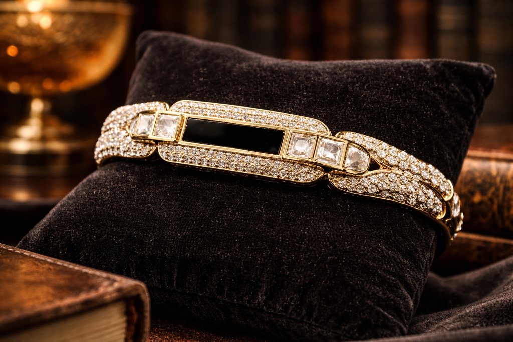 Heidi Daus Gold Tone Crystal Link Bracelet – Art Deco Style Black Panel Statement Bracelet