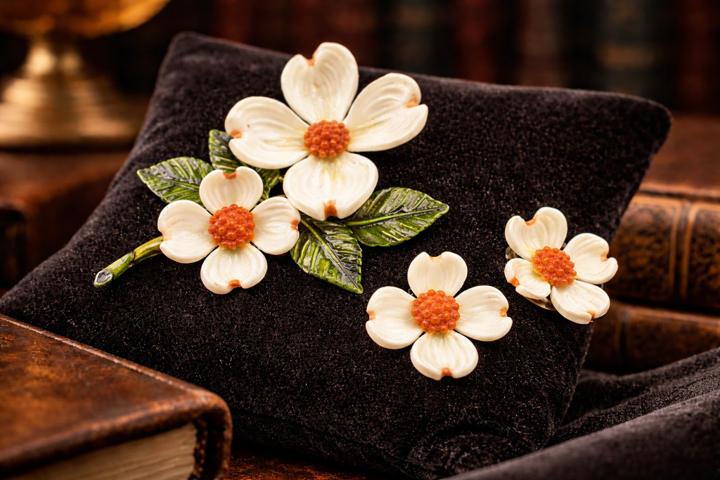 Vintage Dogwood Flower Brooch & Clip Earrings Set – White Lucite Petals Orange Bead Centers Floral Jewelry