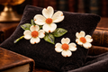 Vintage Dogwood Flower Brooch & Clip Earrings Set – White Lucite Petals Orange Bead Centers Floral Jewelry
