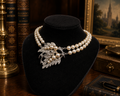 Simons Pearl Style Double Strand Necklace Silver Tone Leaf Pendant