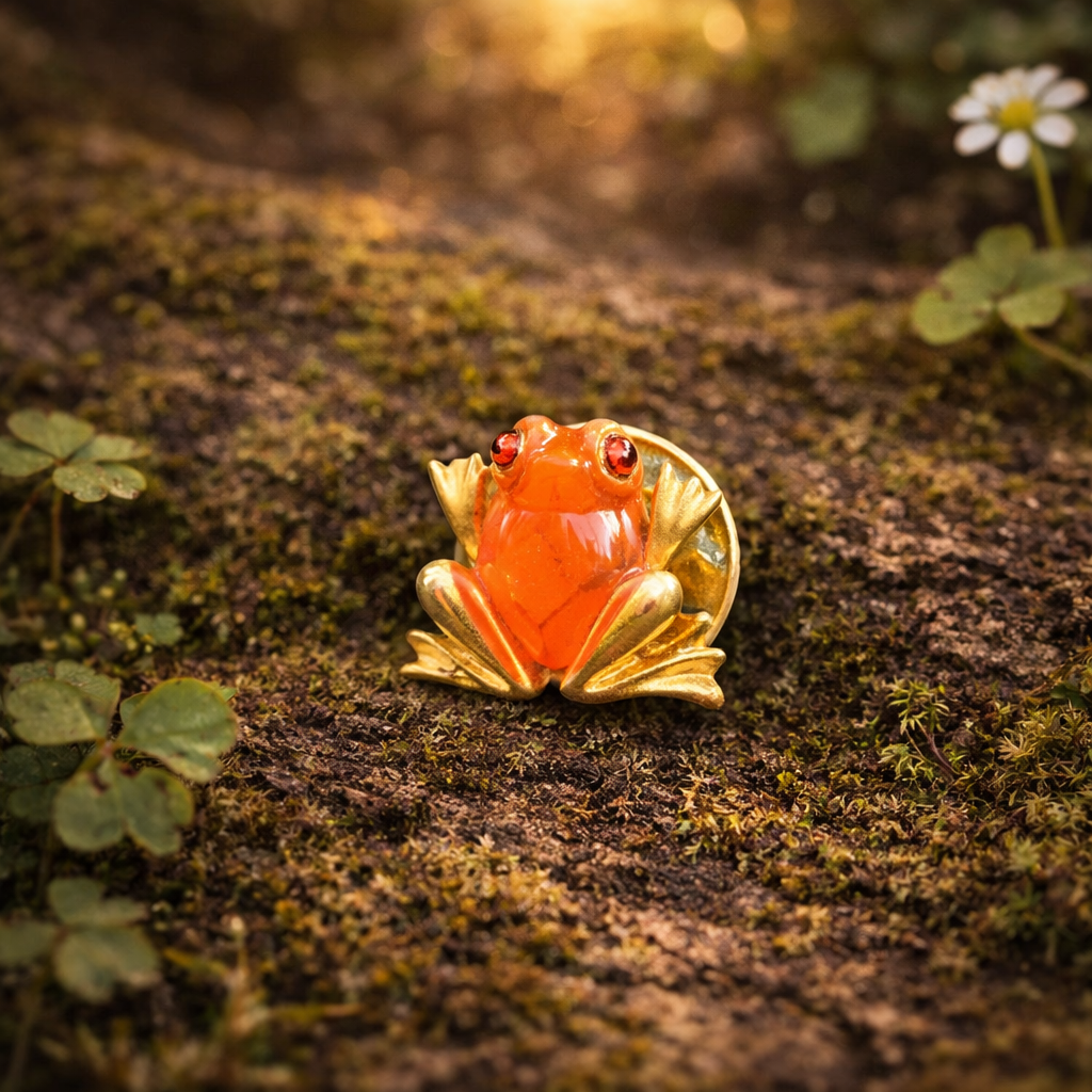 Mini Gold Tone Frog Pin With Orange Enamel And Lily Pad Detail