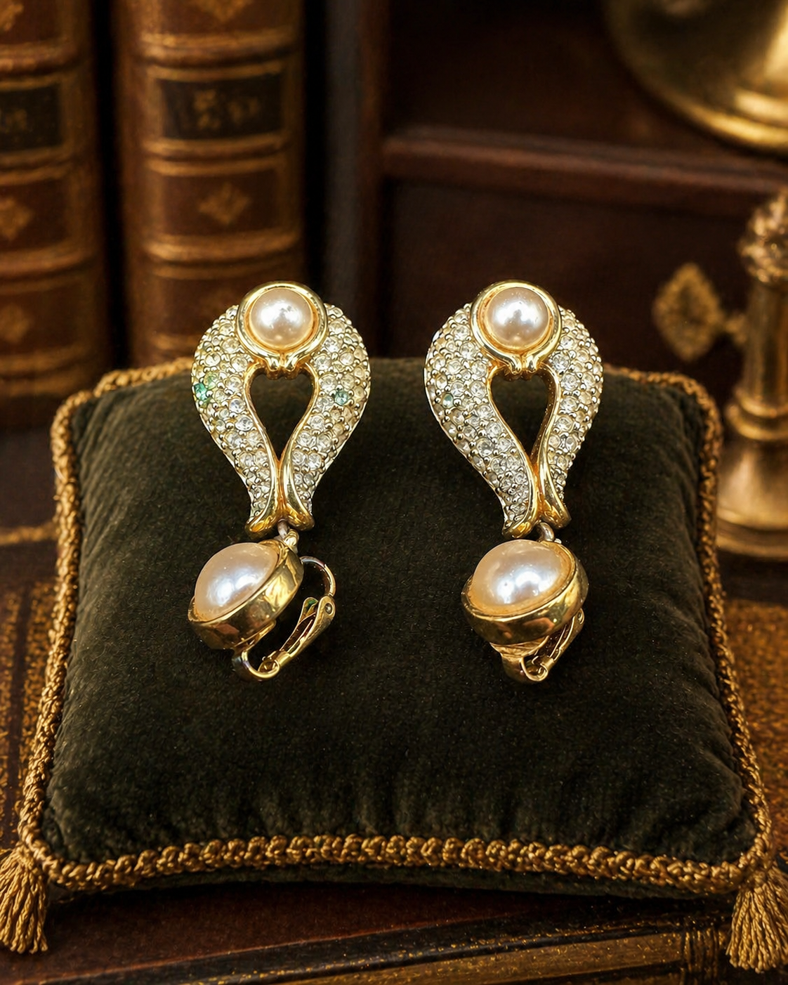 Swarovski SAL Gold Tone Faux Pearl Crystal Clip On Earrings Vintage Pave Statement Signed