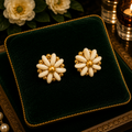 Vintage Gold Tone White Daisy Clip Earrings | Dimensional Floral Button Earrings
